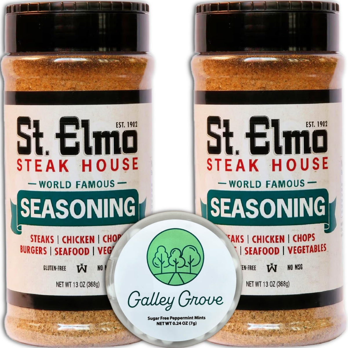 Galley Grove St Elmo Steak House seasoning bottle pour for even steak coverage.