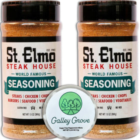 Galley Grove St Elmo Steak House seasoning bottle pour for even steak coverage.