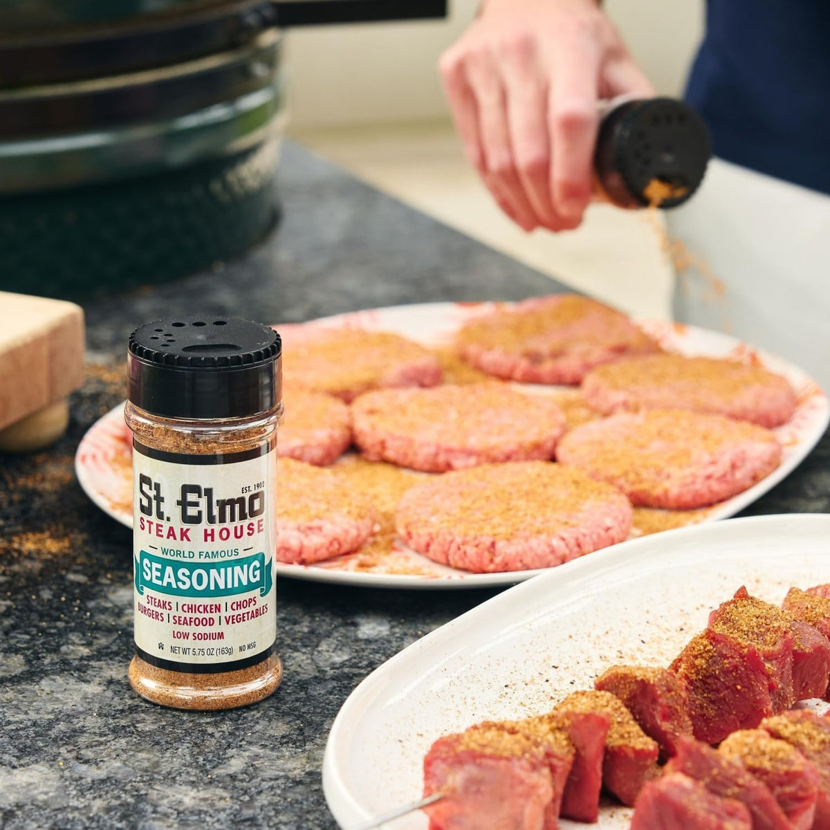 Galley Grove seasoning close-up on steak skillet emphasizes savory aroma.