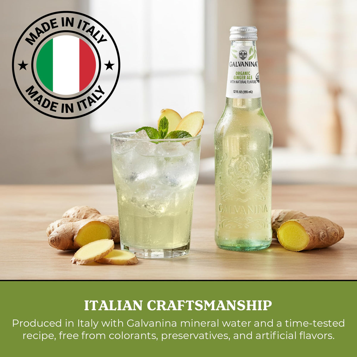 Galvanina Ginger Ale packaging 6-pack, premium Italian soda.