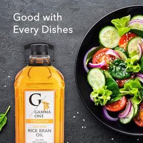Gamma One Rice Bran Oil used for stir-frying in a pan.