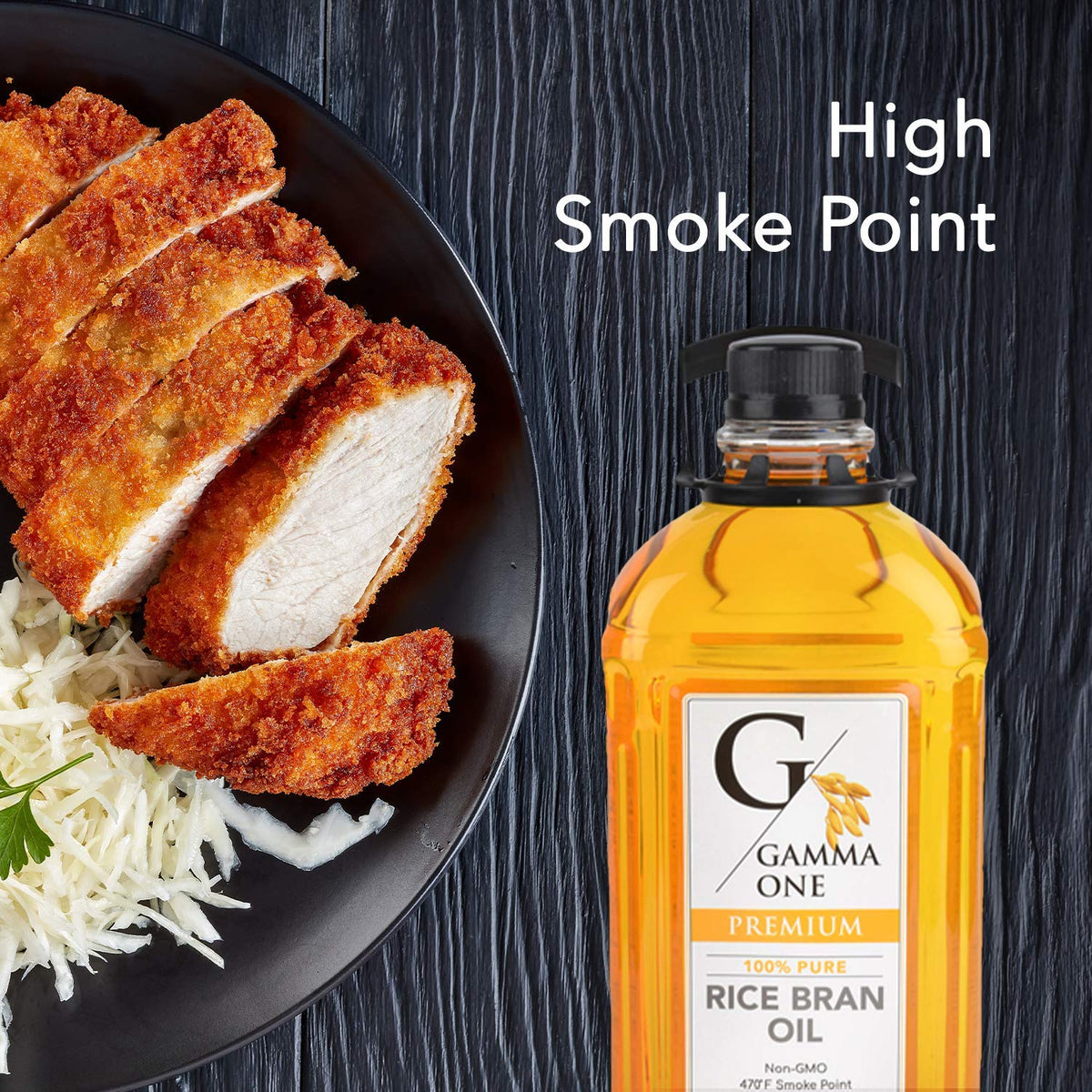 Gamma One Rice Bran Oil label close-up highlighting non-GMO and antioxidants.