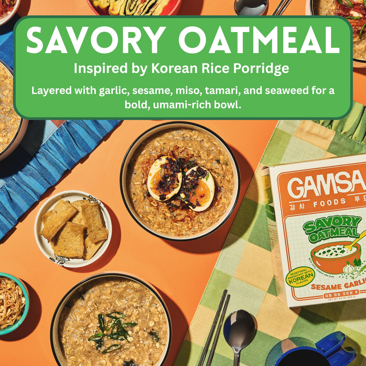 Gamsa Foods instant savory oatmeal packet ready to pour.