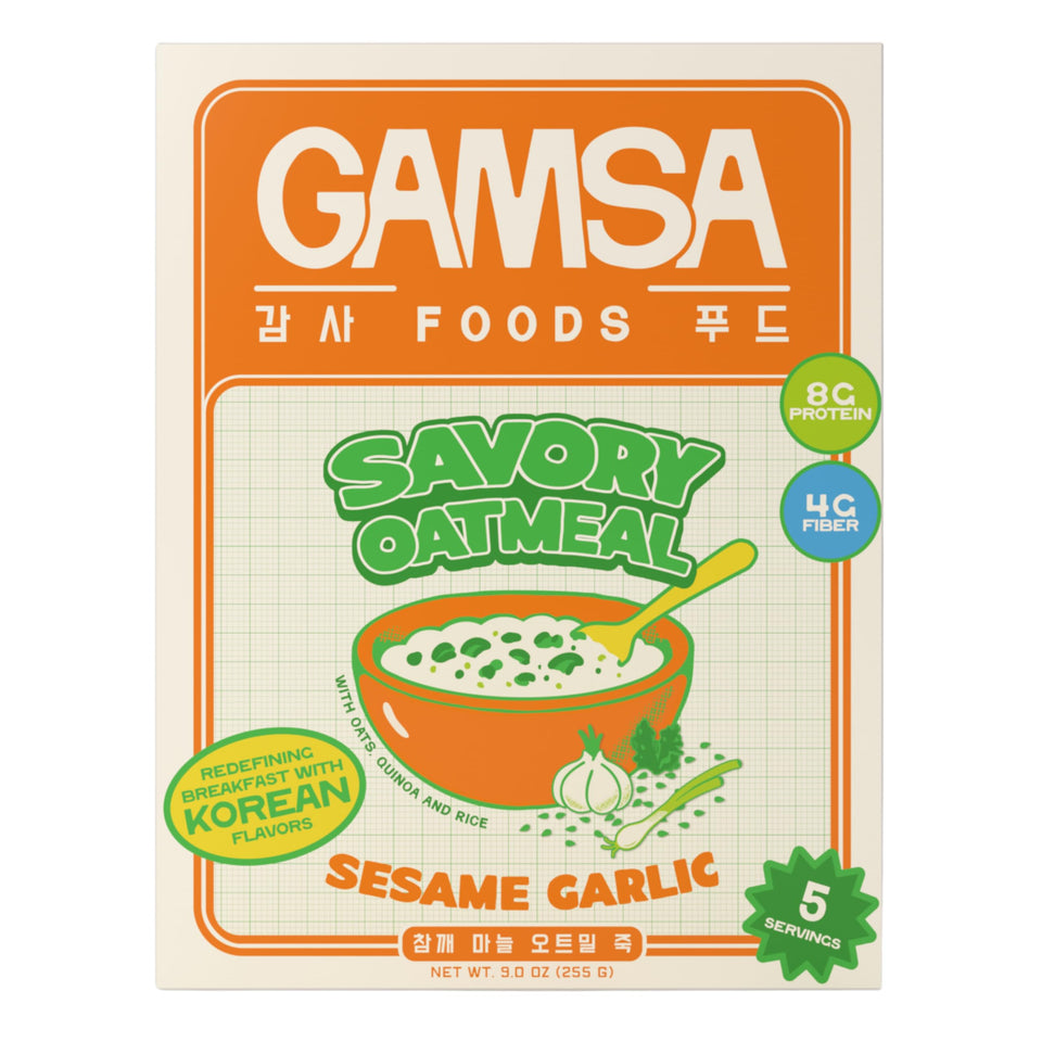 Gamsa Foods savory oatmeal bowl with sesame and garlic for quick breakfast.