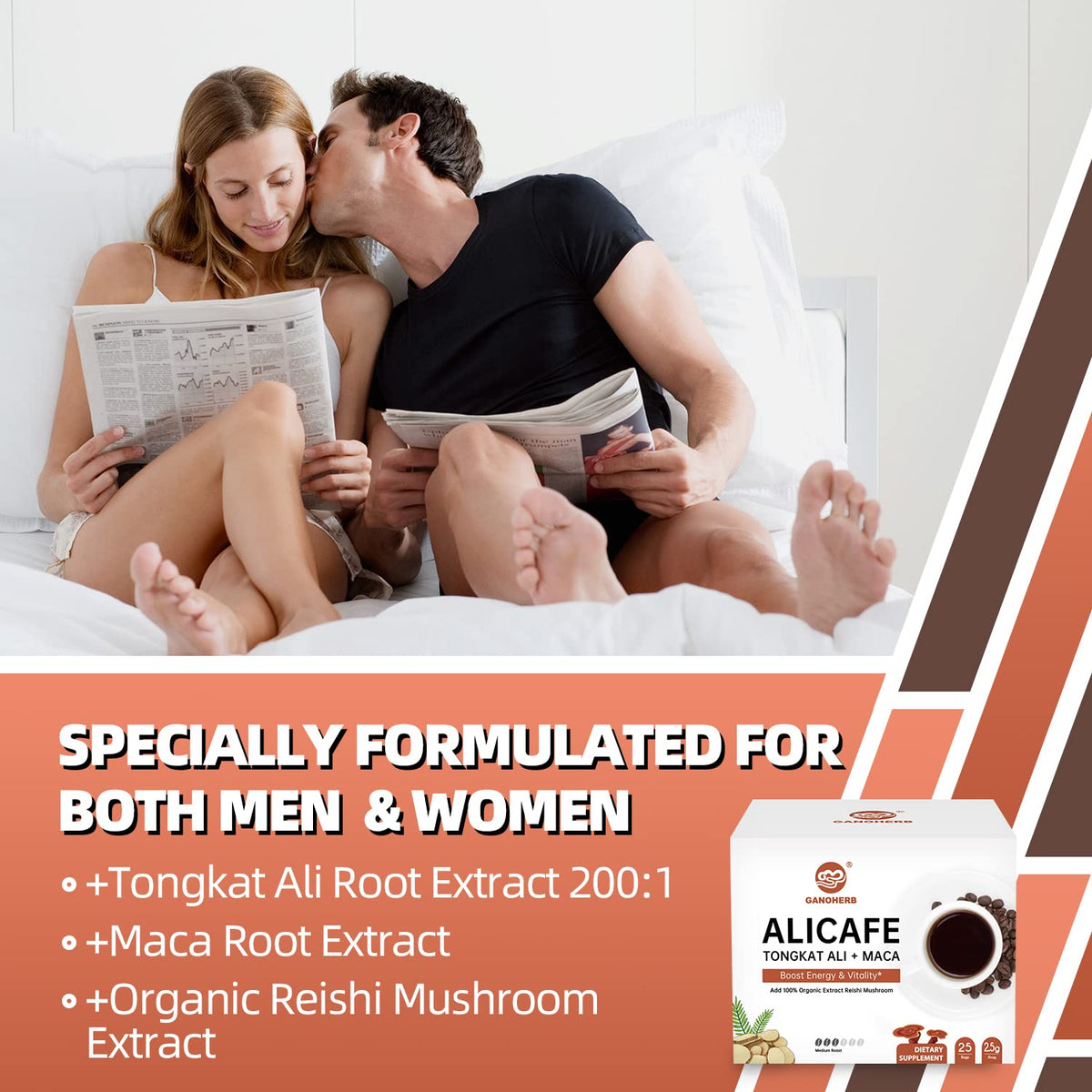 GANOHERB Maca root extract coffee mix highlighting natural vitality.