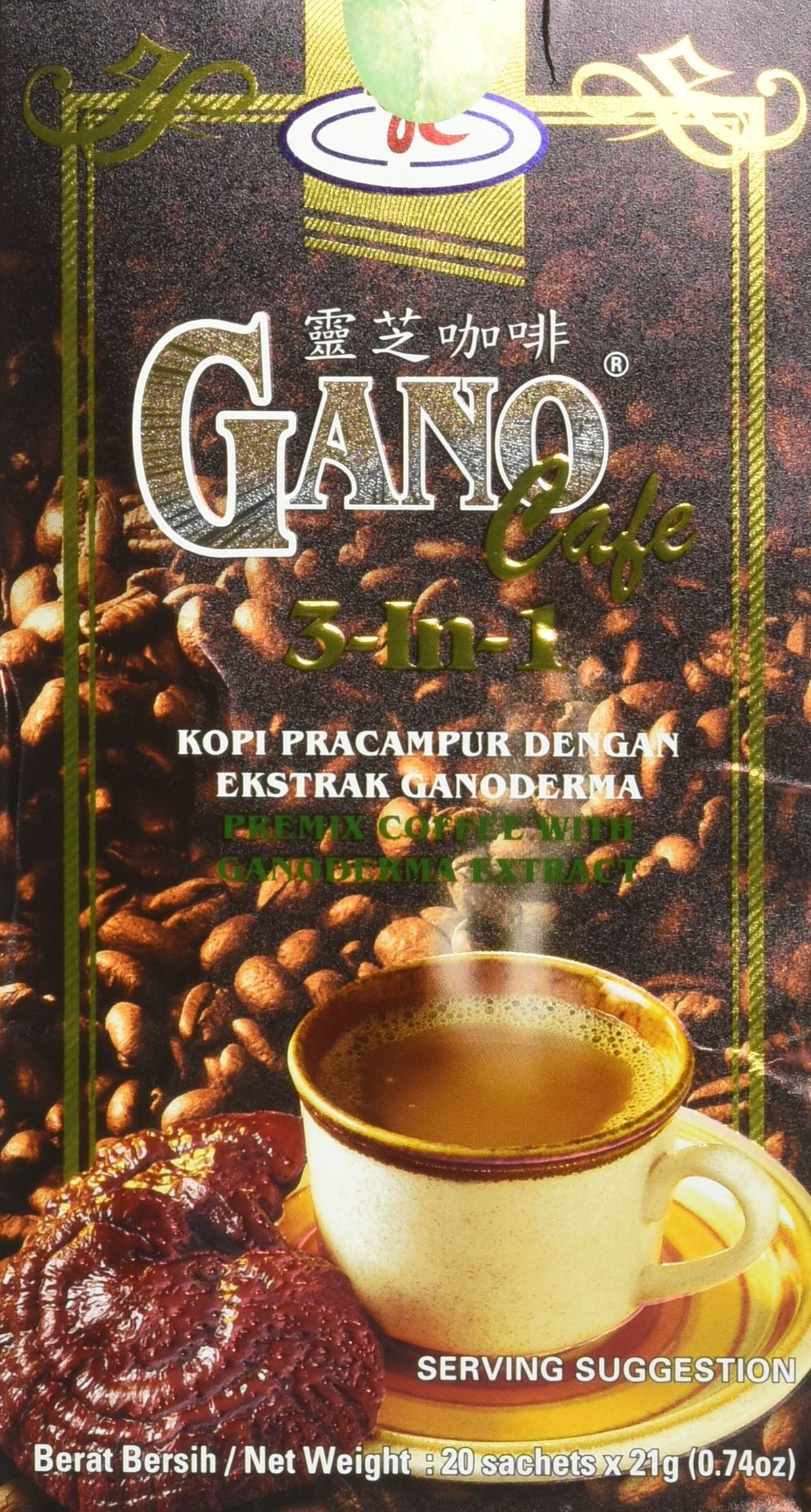 Gano Excel 3-in-1 coffee packet with Ganoderma for an antioxidant-rich morning boost.