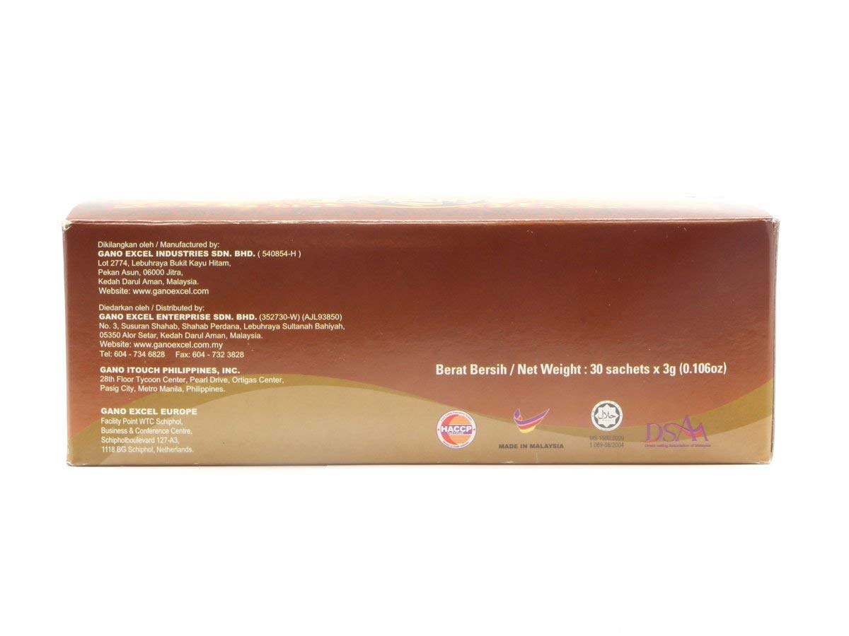 Gano Excel Ganocafe Classic Ganoderma label close-up for premium coffee quality.
