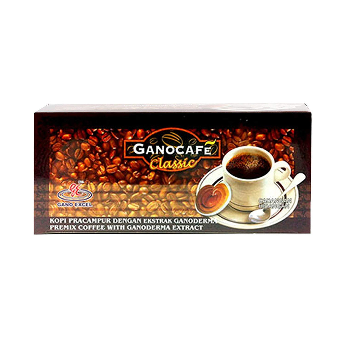 Close-up of Ganocafe Classic Ganoderma sachets highlighting easy single-serve portions