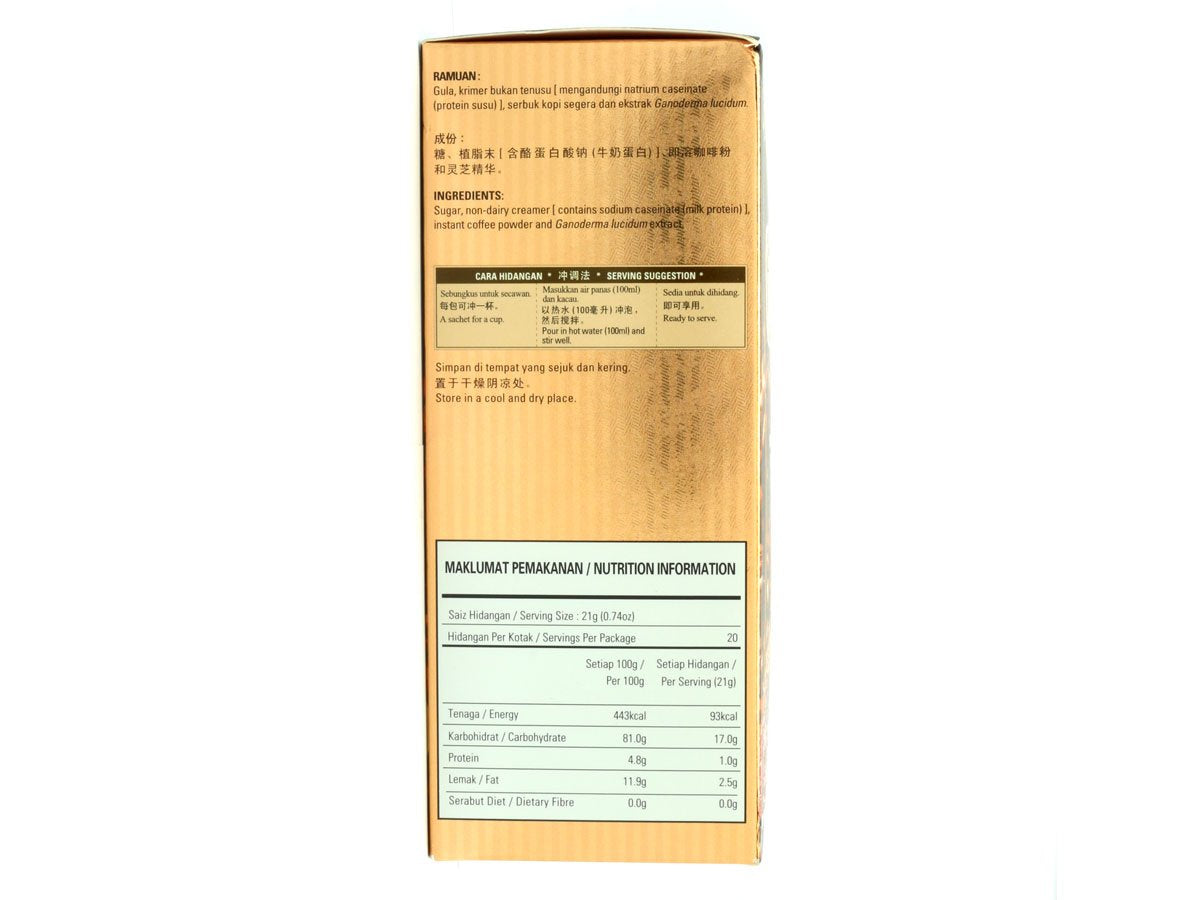 Ganocafe 3in1 dark roast sachet closeup highlighting the easy-dissolve format.