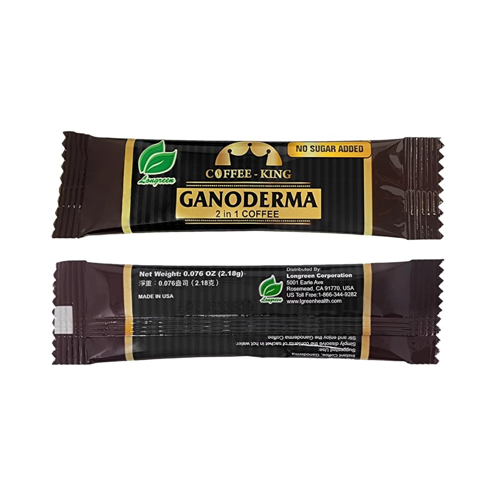 Ganoderma Reishi Coffee Mix packaging box on counter highlighting sugar-free blend.
