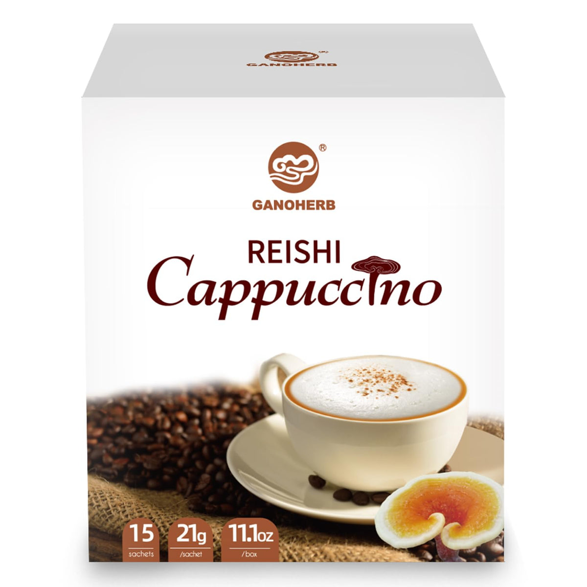 GANOHERB mushroom coffee cappuccino mix cup-serve shows rich froth for a cozy morning ritual.