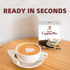 GANOHERB mushroom coffee cappuccino mix foil packet close-up highlighting convenient single-serve format.