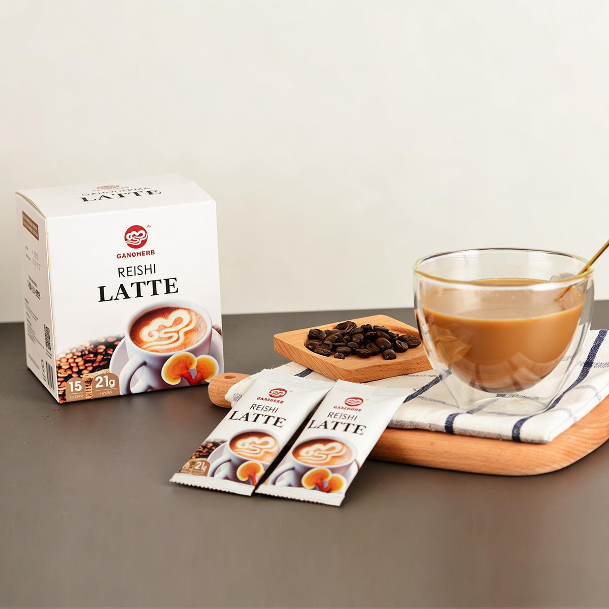 GANOHERB Reishi Latte Coffee cup-serve with creamy latte aroma