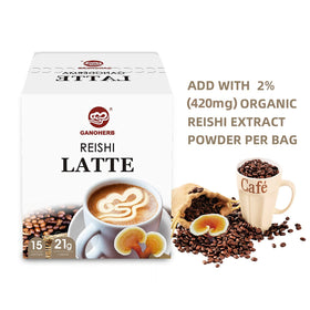 GANOHERB Reishi Latte Coffee packaging display highlighting USDA organic and gluten-free attributes
