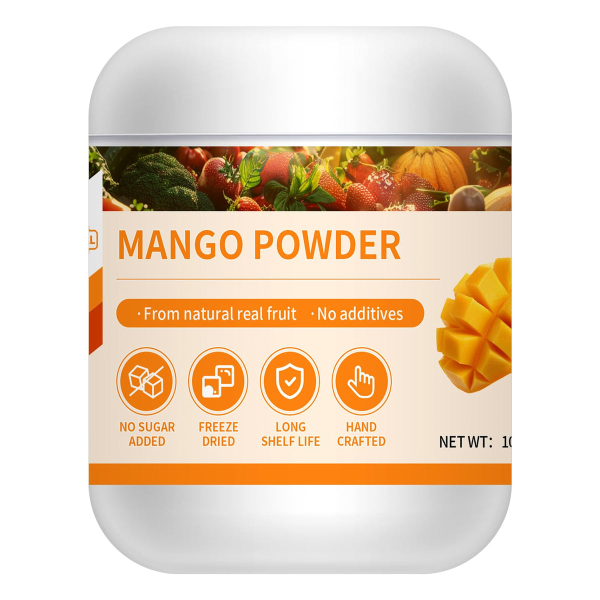 GaoGaoFen mango powder jar closeup, perfect for smoothies and baking.