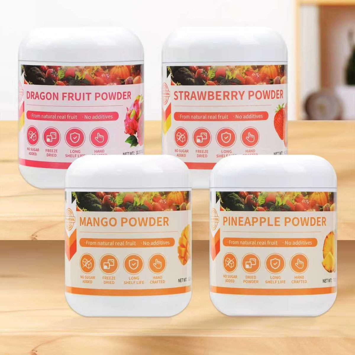 GaoGaoFen strawberry powder nutrition label beside jar for transparency.