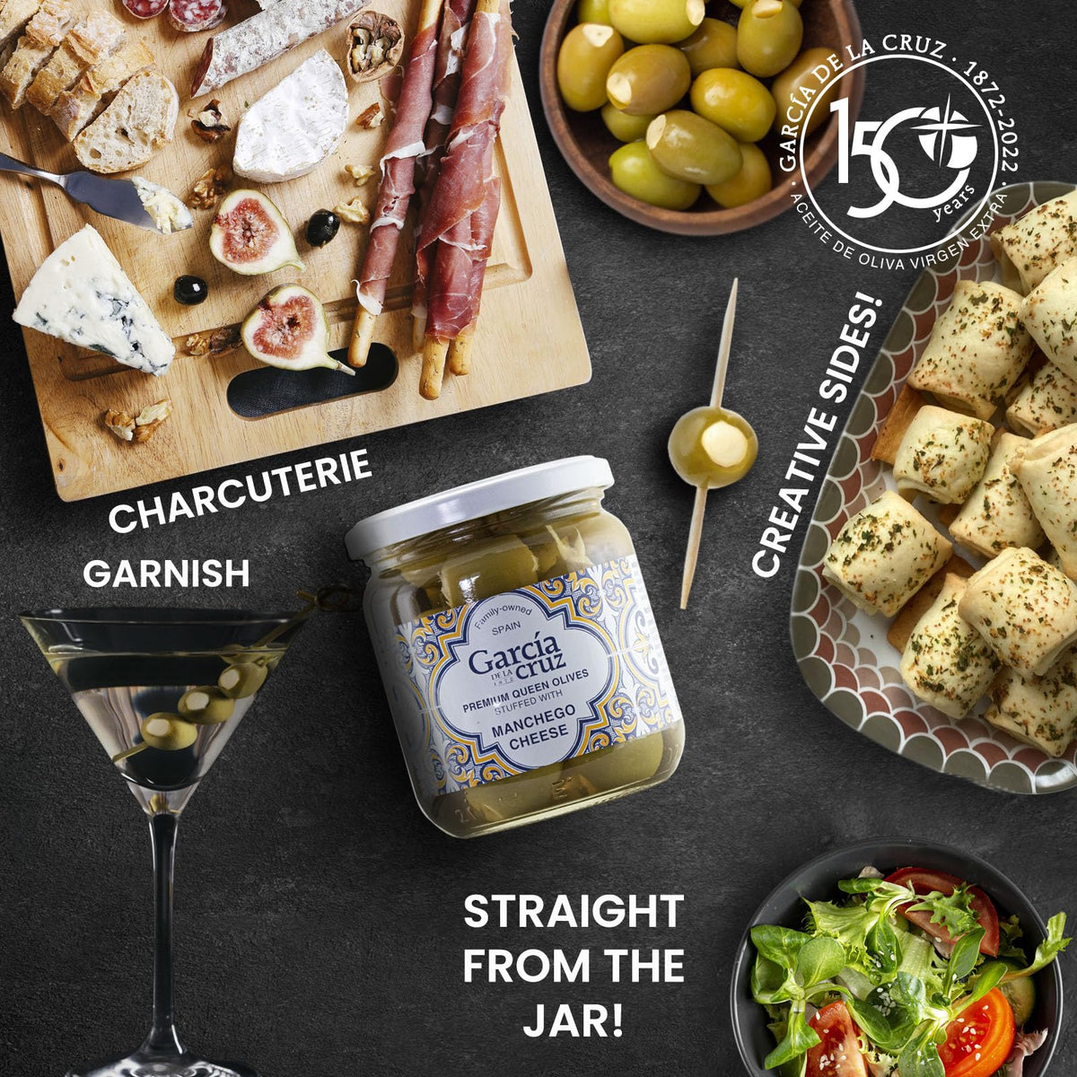 Garcia DE LA Cruz 1872 gourmet olives on a charcuterie plate for entertaining
