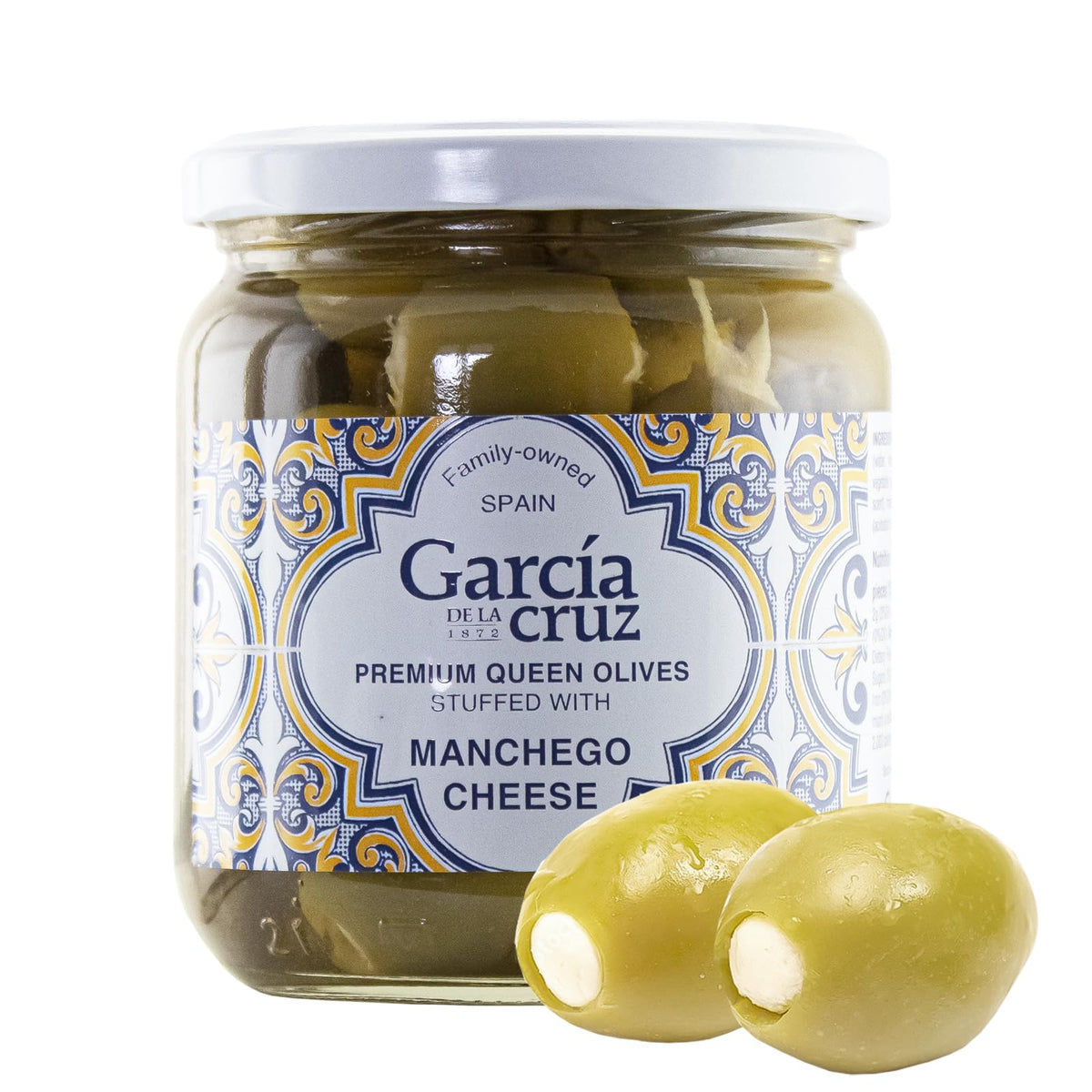 Garcia DE LA Cruz 1872 Manchego cheese stuffed olives in a jar, ideal for tapas and gifting