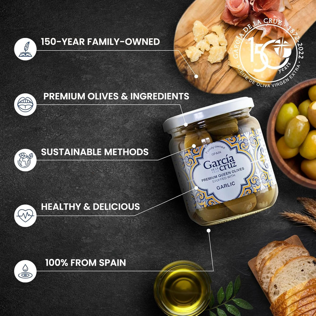 Garcia DE LA cruz 1872 olives for tapenade or antipasto, adding savory Spanish character.