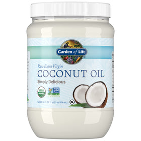 Garden of Life coconut oil jar close-up for cooking and skin care versatility