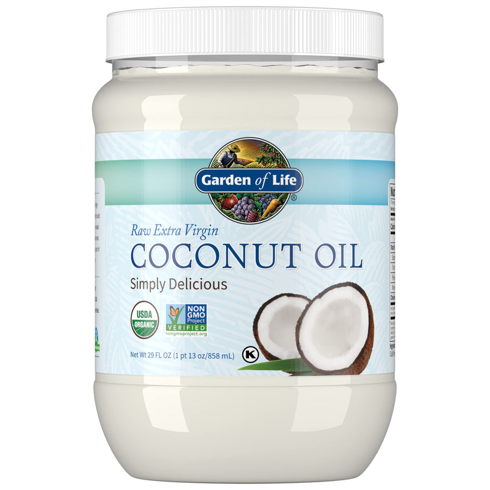 Garden of Life coconut oil jar close-up for cooking and skin care versatility