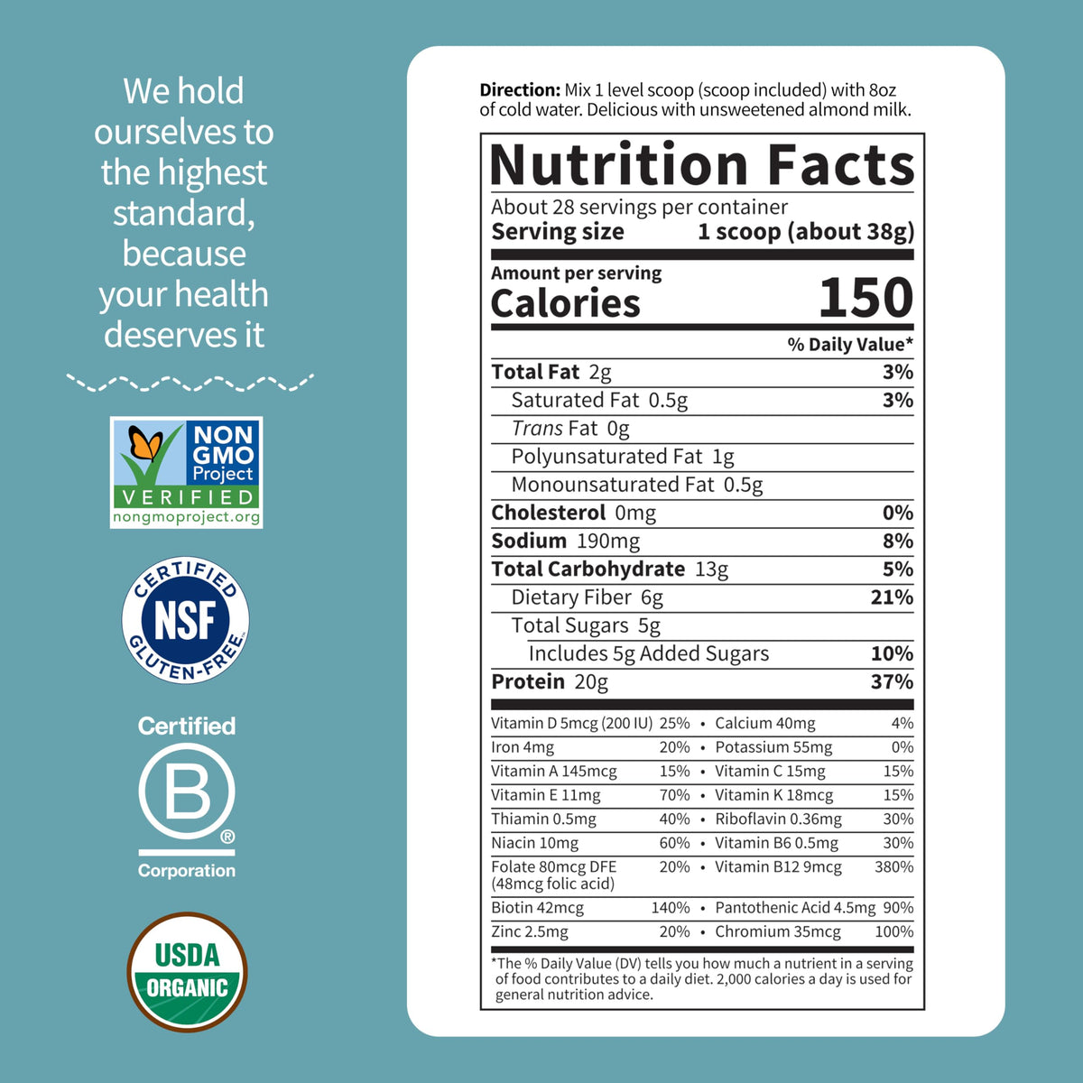 Garden of Life meal replacement shake ingredients image showing peas, sprouts, quinoa, chia, and flax.