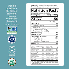 Garden of Life meal replacement shake ingredients image showing peas, sprouts, quinoa, chia, and flax.