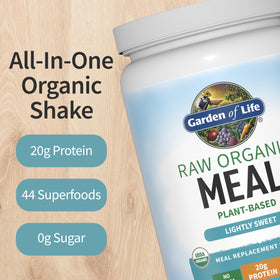 Garden of Life meal replacement shake label close-up highlighting 20g plant protein and 150 calories.