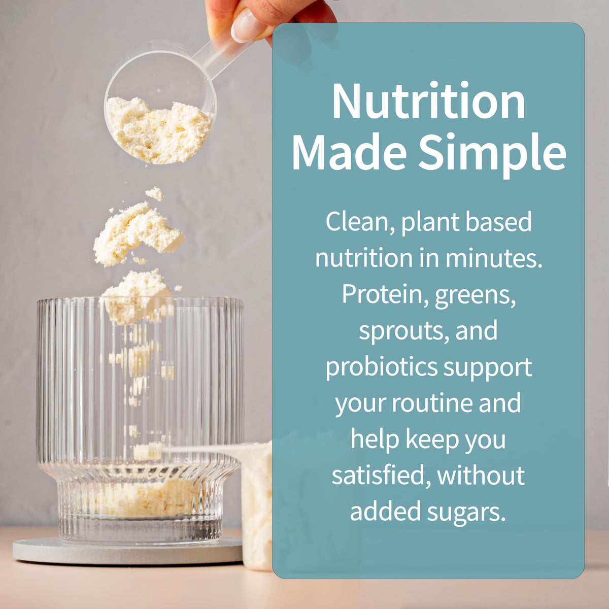 Garden of Life meal replacement shake pouring into a glass; quick energy for busy mornings.