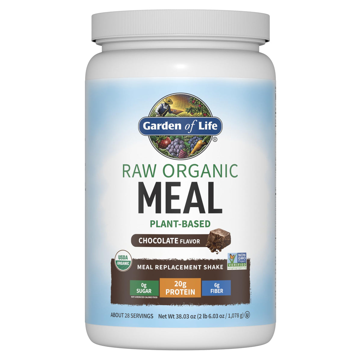 Garden of Life Meal Replacement Shakes chocolate pour into glass for protein boost.