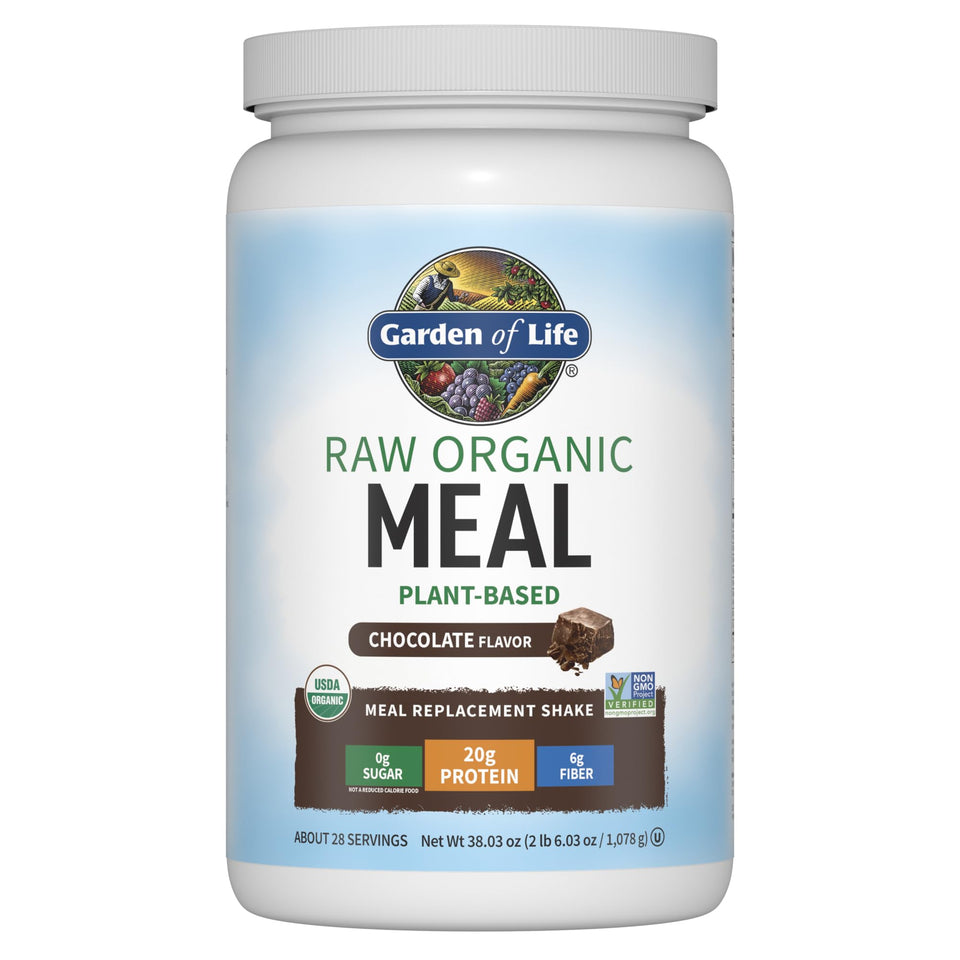 Garden of Life Meal Replacement Shakes chocolate pour into glass for protein boost.