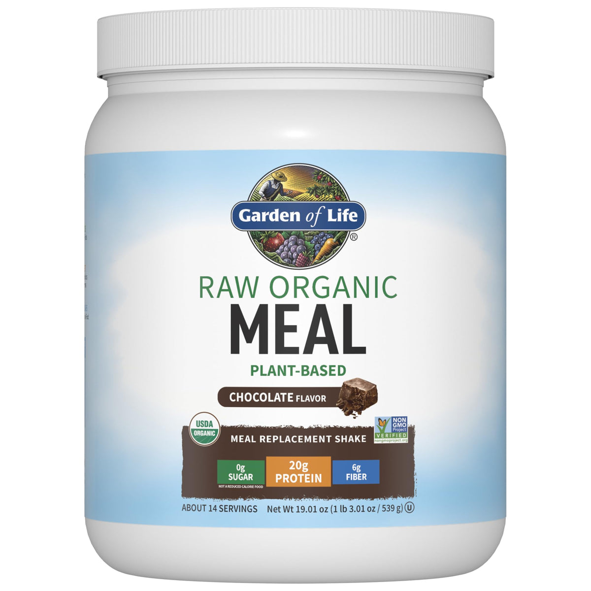 Garden of Life Meal Shake chocolate bottle displaying dairy-free protein with probiotics for everyday energy