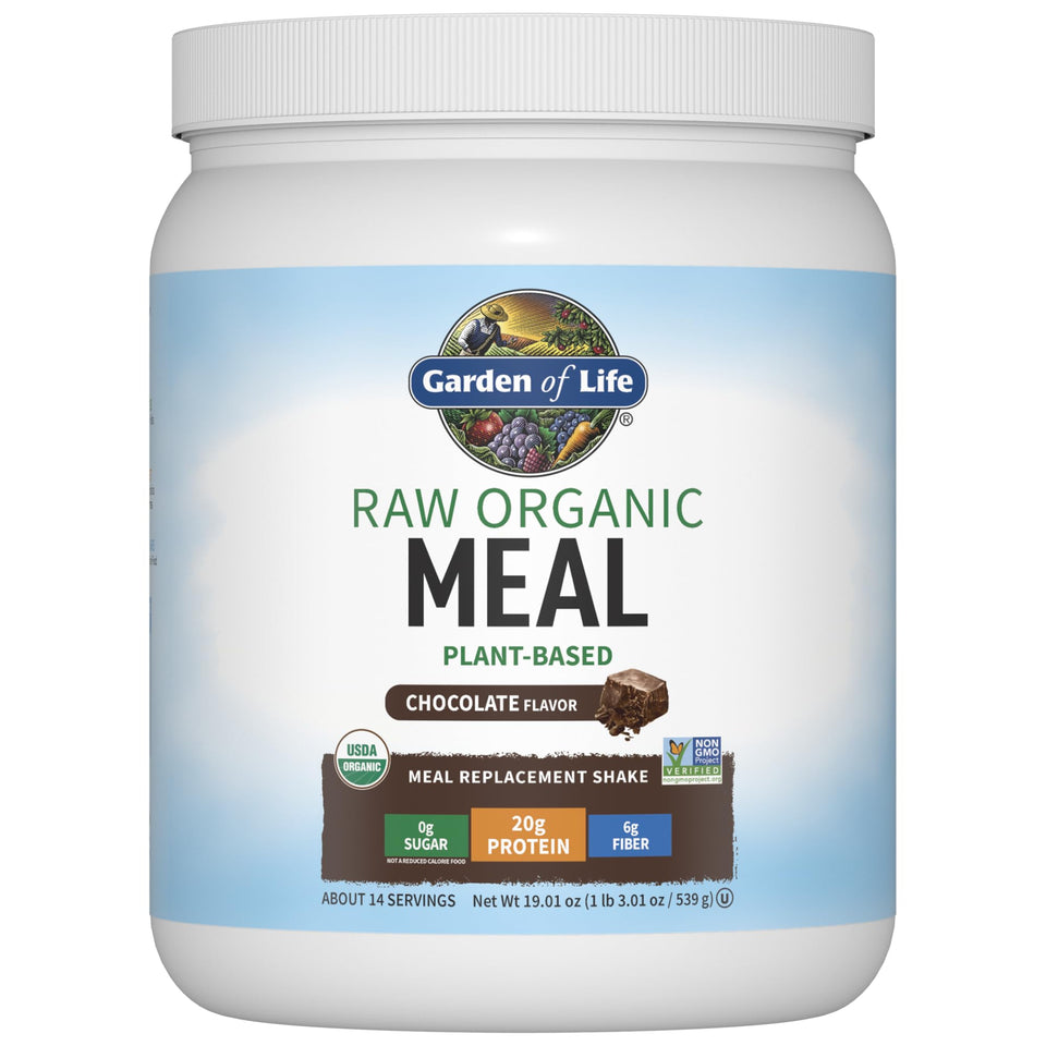 Garden of Life Meal Shake chocolate bottle displaying dairy-free protein with probiotics for everyday energy