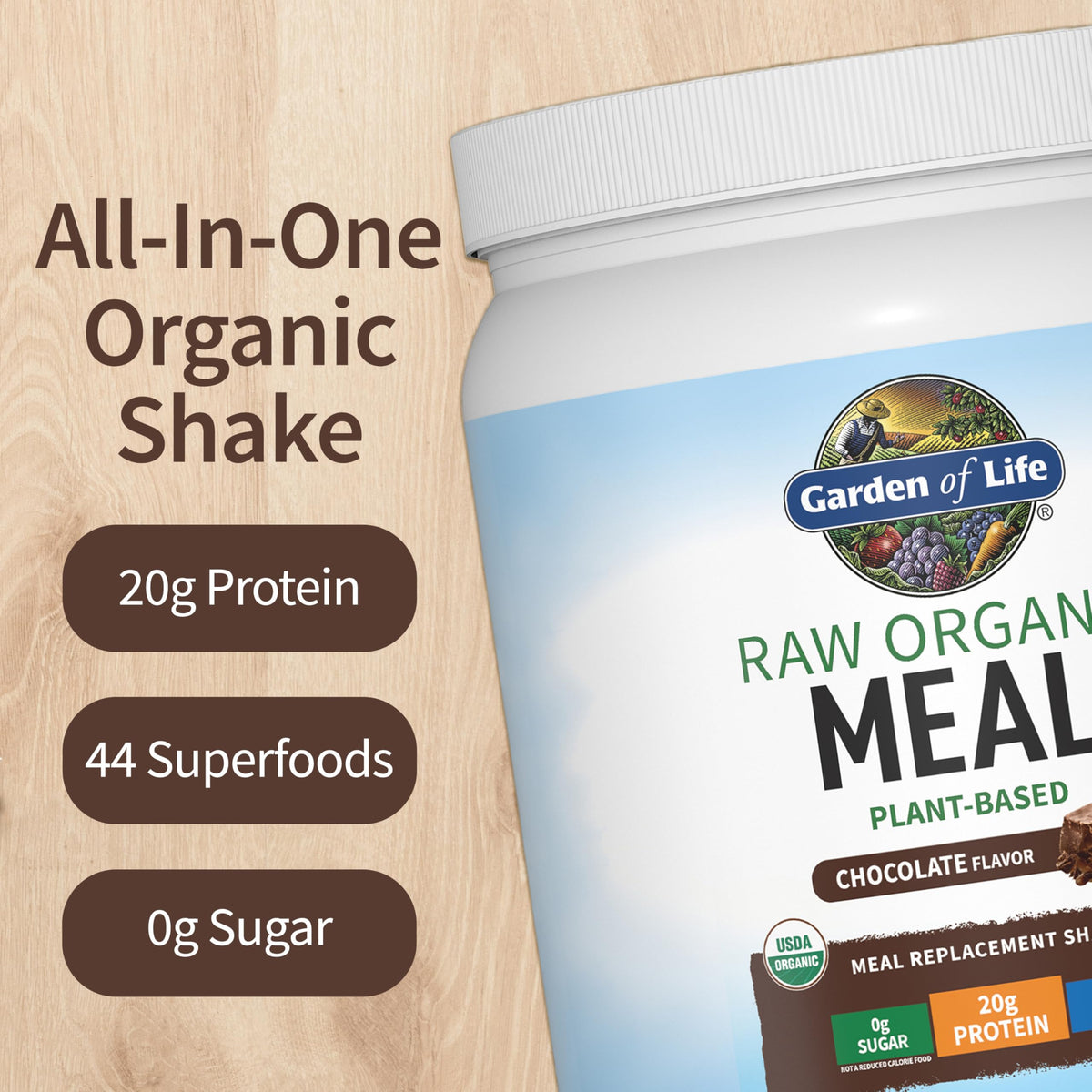 Garden of Life Meal Shake chocolate powder tub showcasing plant-based protein and fiber