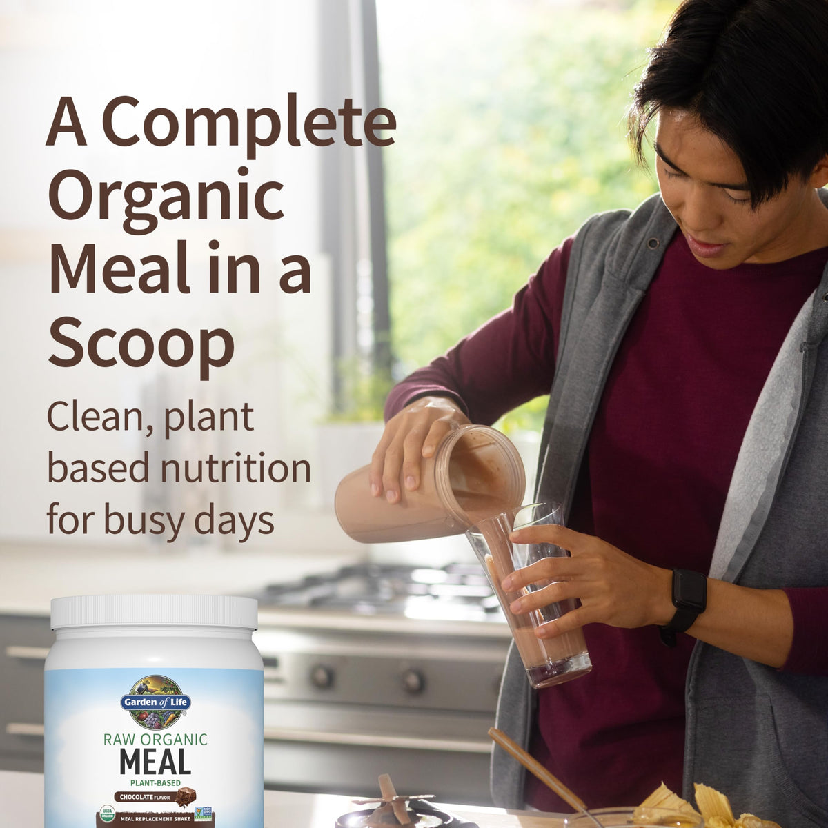 Garden of Life Meal Shake chocolate glass ready to blend into a smooth smoothie