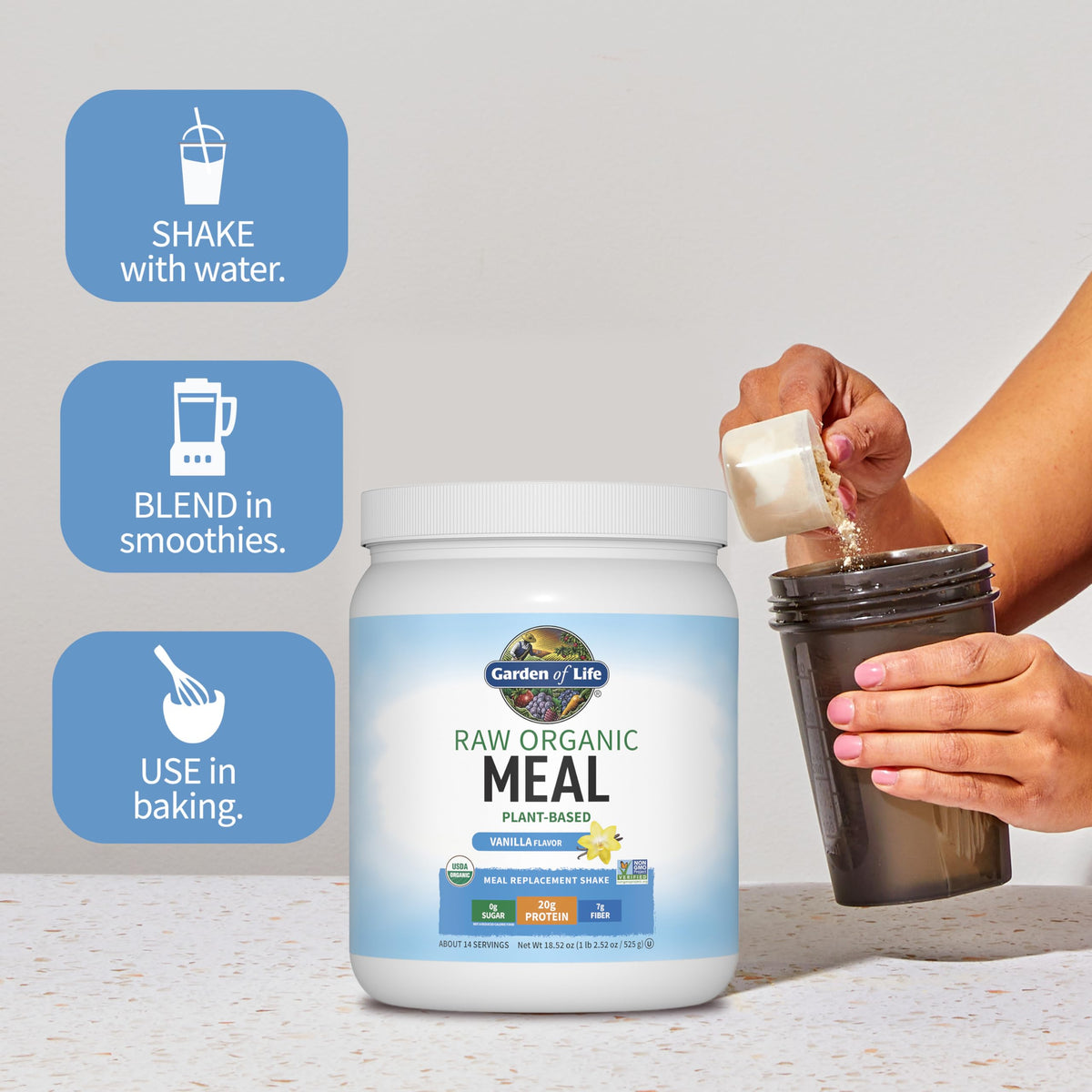 Garden of Life organic protein powder label highlights certifications and vegan formula.