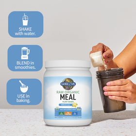 Garden of Life organic protein powder label highlights certifications and vegan formula.