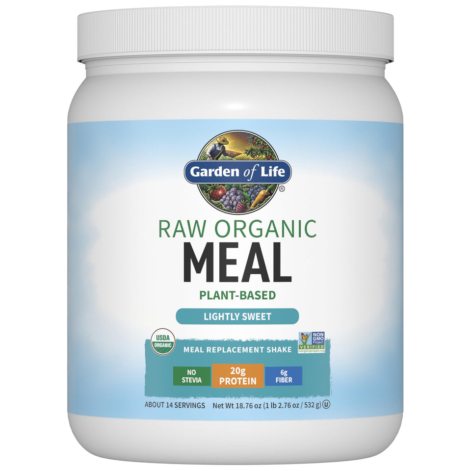 Garden of Life Raw Organic Meal packaging highlights a vegan protein option for busy days.