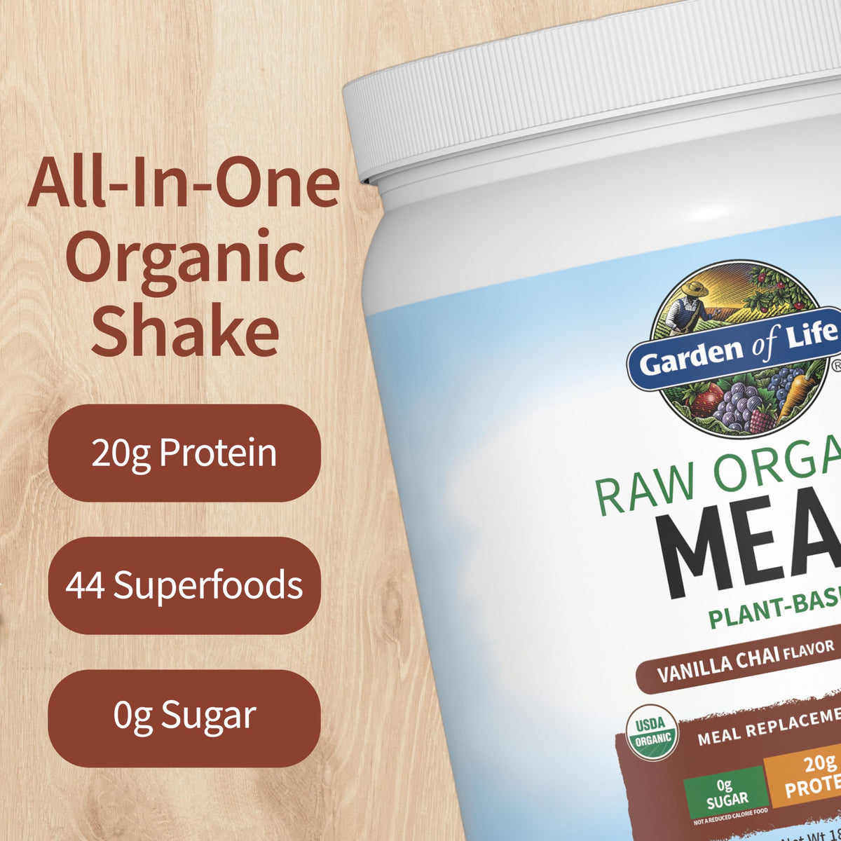 Garden of Life Raw Organic Meal powder blending into a creamy smoothie
