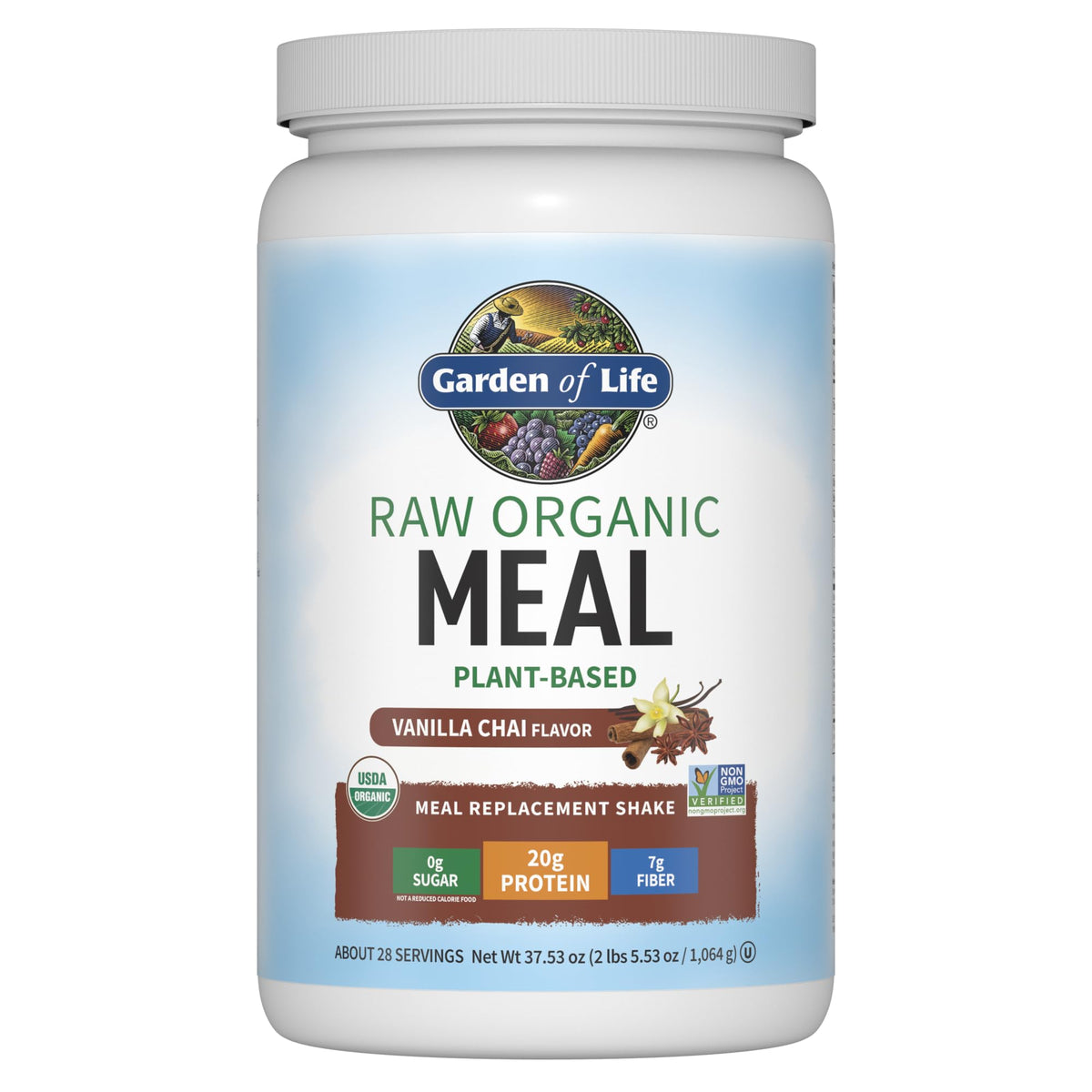 Garden of Life Raw Organic Meal Replacement Shakes Vanilla Chai bottle showing 20g protein per serving