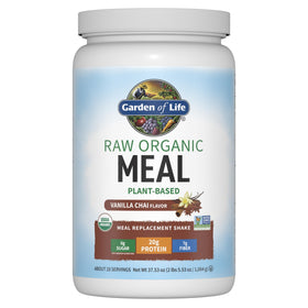 Garden of Life Raw Organic Meal Replacement Shakes Vanilla Chai bottle showing 20g protein per serving