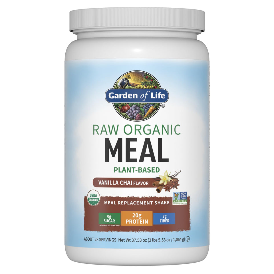 Garden of Life Raw Organic Meal Replacement Shakes Vanilla Chai bottle showing 20g protein per serving