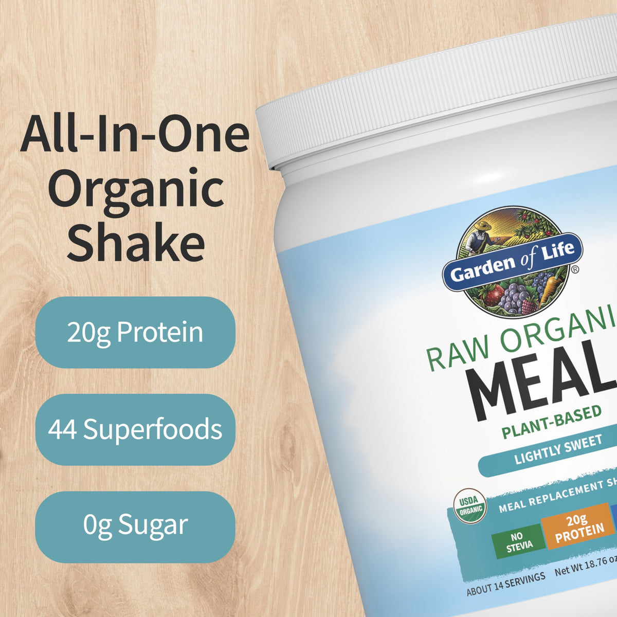 Garden of Life Raw Organic Meal shake being blended into a smoothie for a balanced meal.