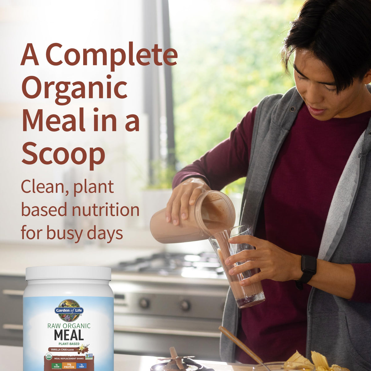 Garden of Life Raw Organic Meal Vanilla Chai tub showing 20g protein per serving
