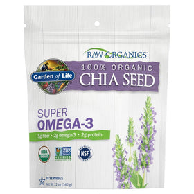Garden of Life Raw Organics chia seeds in a bag, highlighting fiber and plant protein.