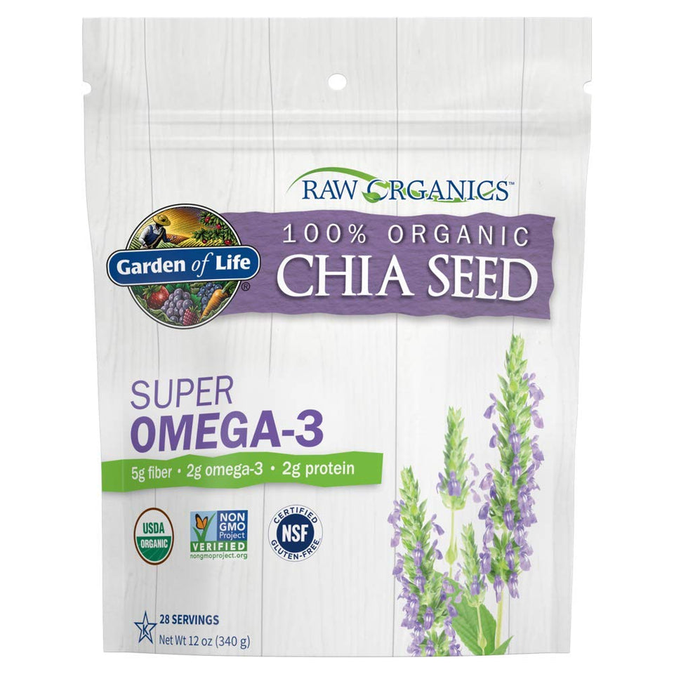 Garden of Life Raw Organics chia seeds in a bag, highlighting fiber and plant protein.