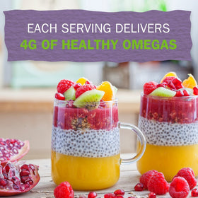 Chia seeds poured into a smoothie bowl for natural thickening.