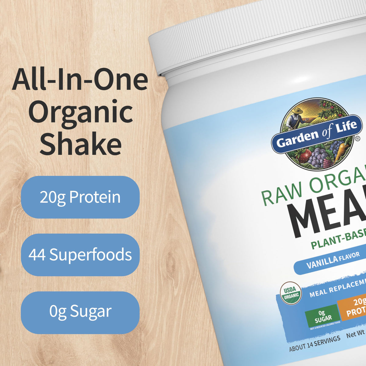 Garden of Life Vanilla Meal Replacement Shake bottle showcases dairy-free, plant-based protein on the go.