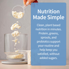Garden of Life Vanilla protein powder scoop highlights versatile use in smoothies and baking.