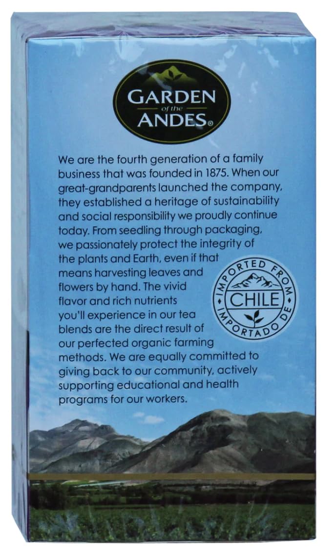 Garden of the Andes organic Chilean tea bags packaging emphasizes sustainability